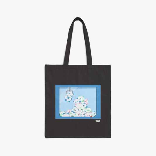 Black tote bag with panda claw machine graphic print 
