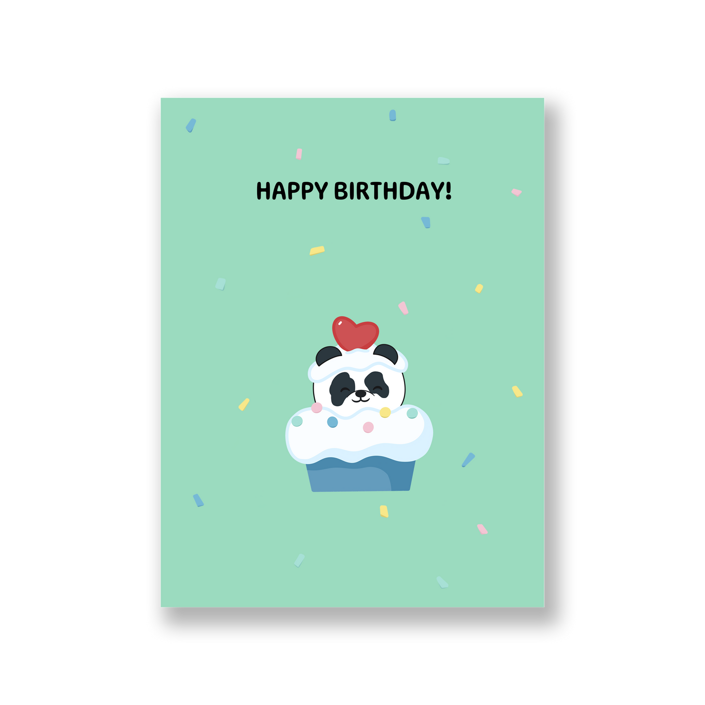 Green card of our panda inside a cupcake surrounded by confetti