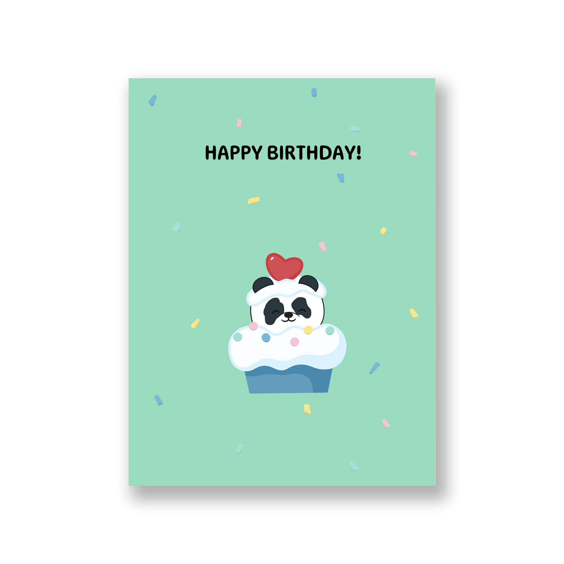 Green card of our panda inside a cupcake surrounded by confetti