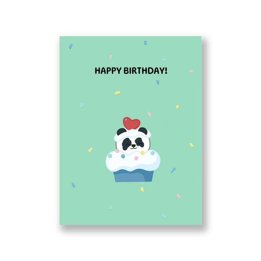 Green card of our panda inside a cupcake surrounded by confetti