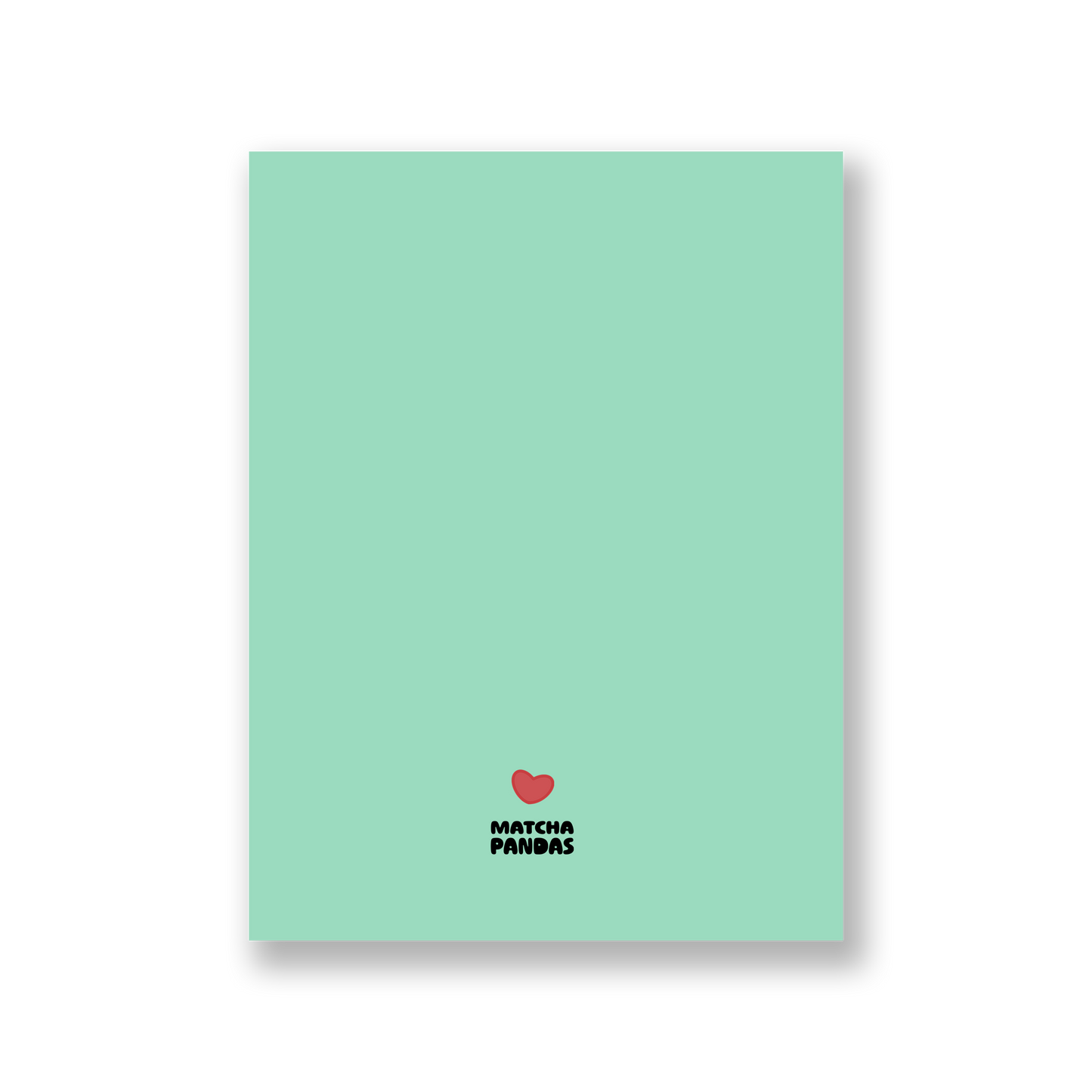 Back of card showing Matcha Pandas logo and small red heart