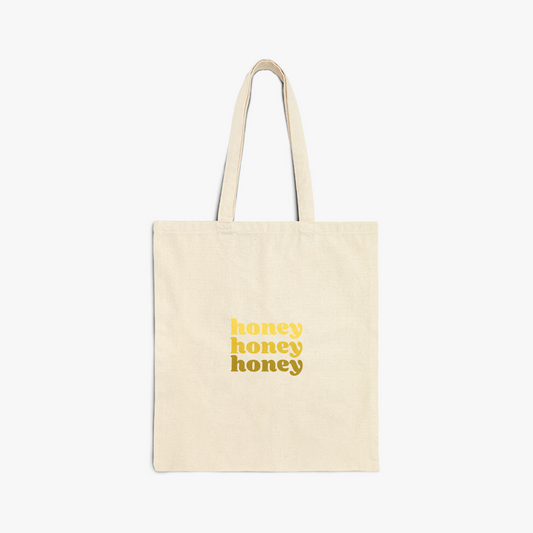 Tote bag with "honey" repeated text in yellow gradient
