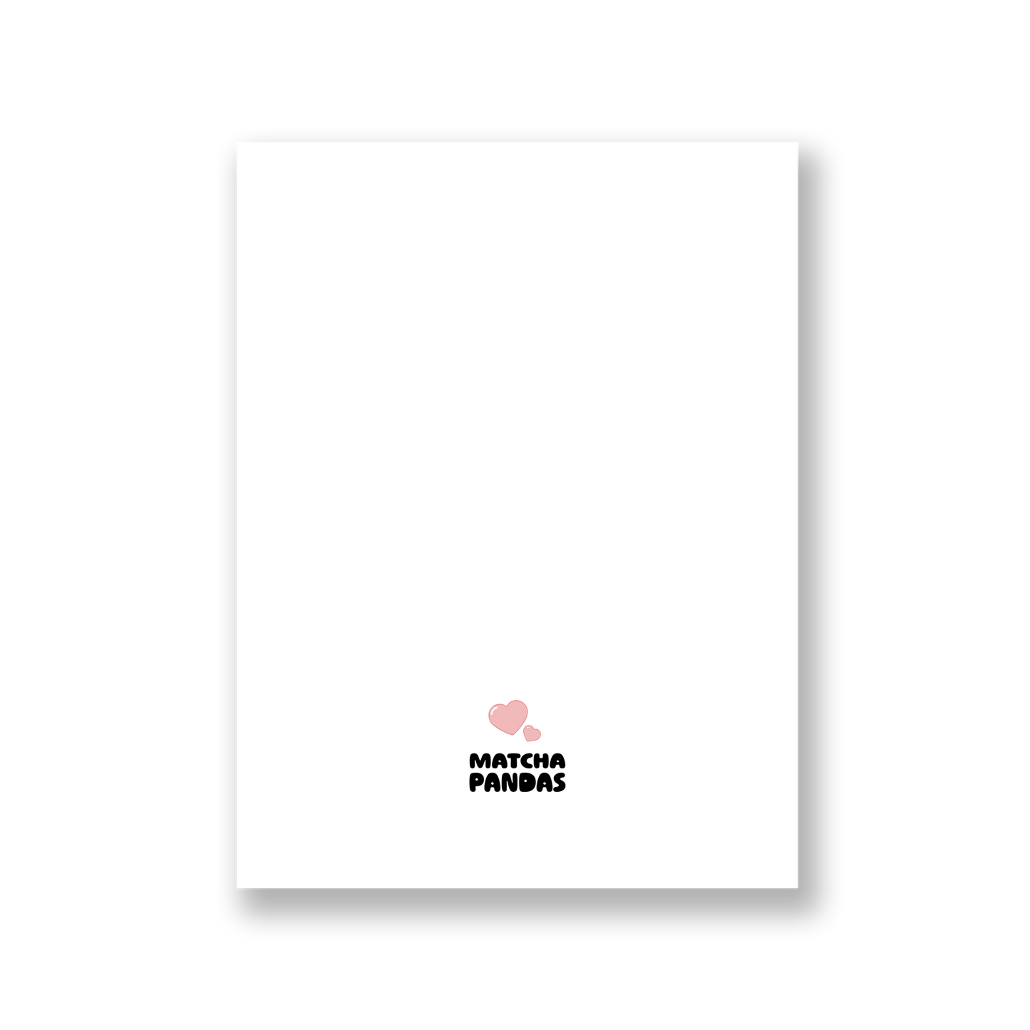 Back of card showing Matcha Pandas logo and 2 small pink hearts