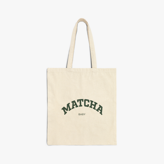 Tote bag with text, "MATCHA BABY" 