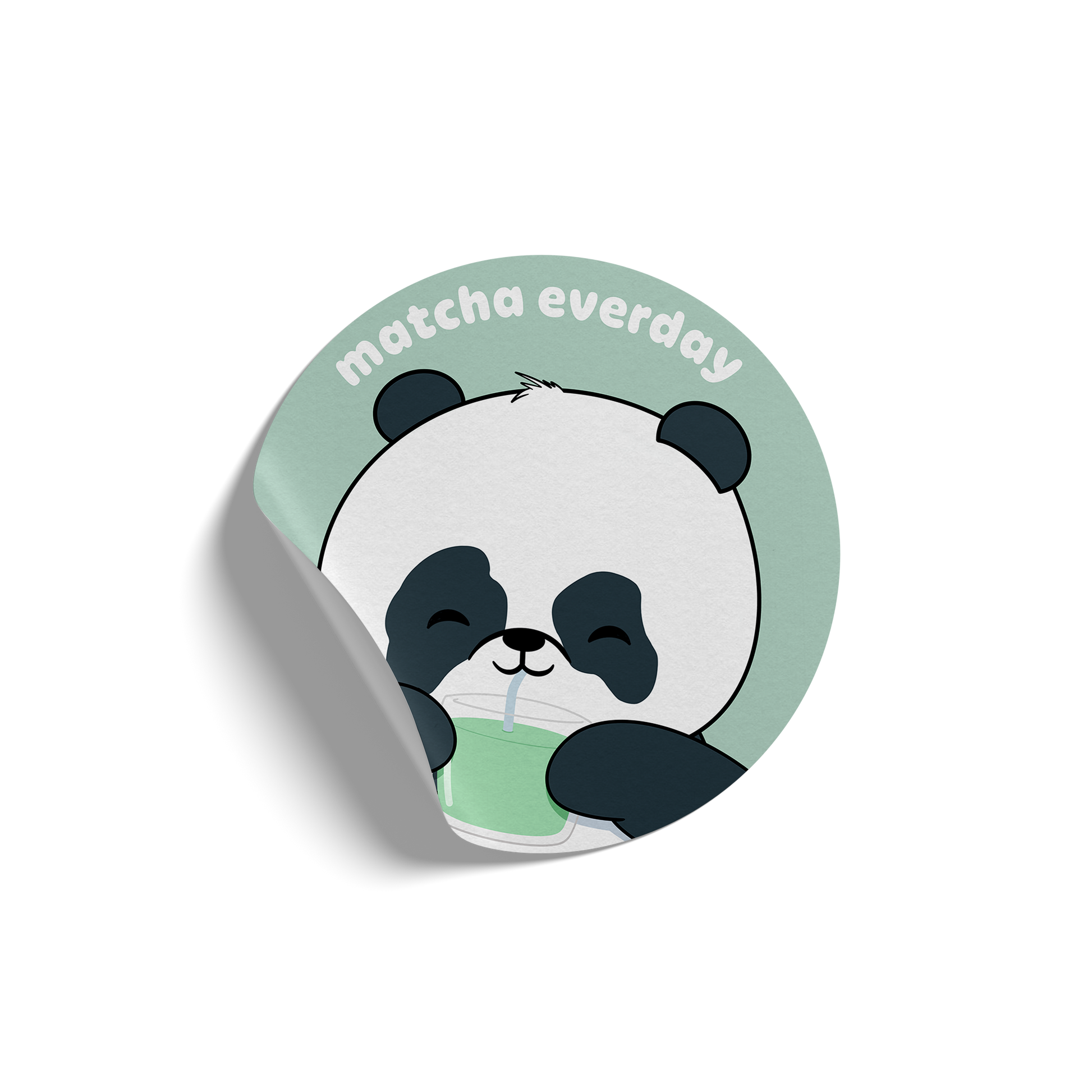 Round sticker of our cute panda drinking a glass of matcha with the phrase “matcha everyday”