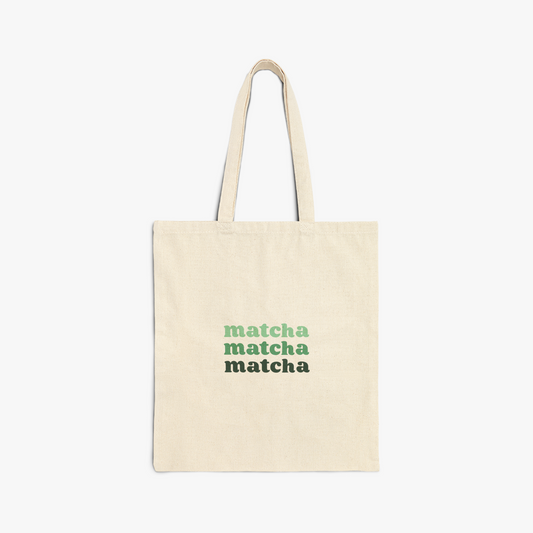 Tote bag with "matcha" repeated text in green gradient