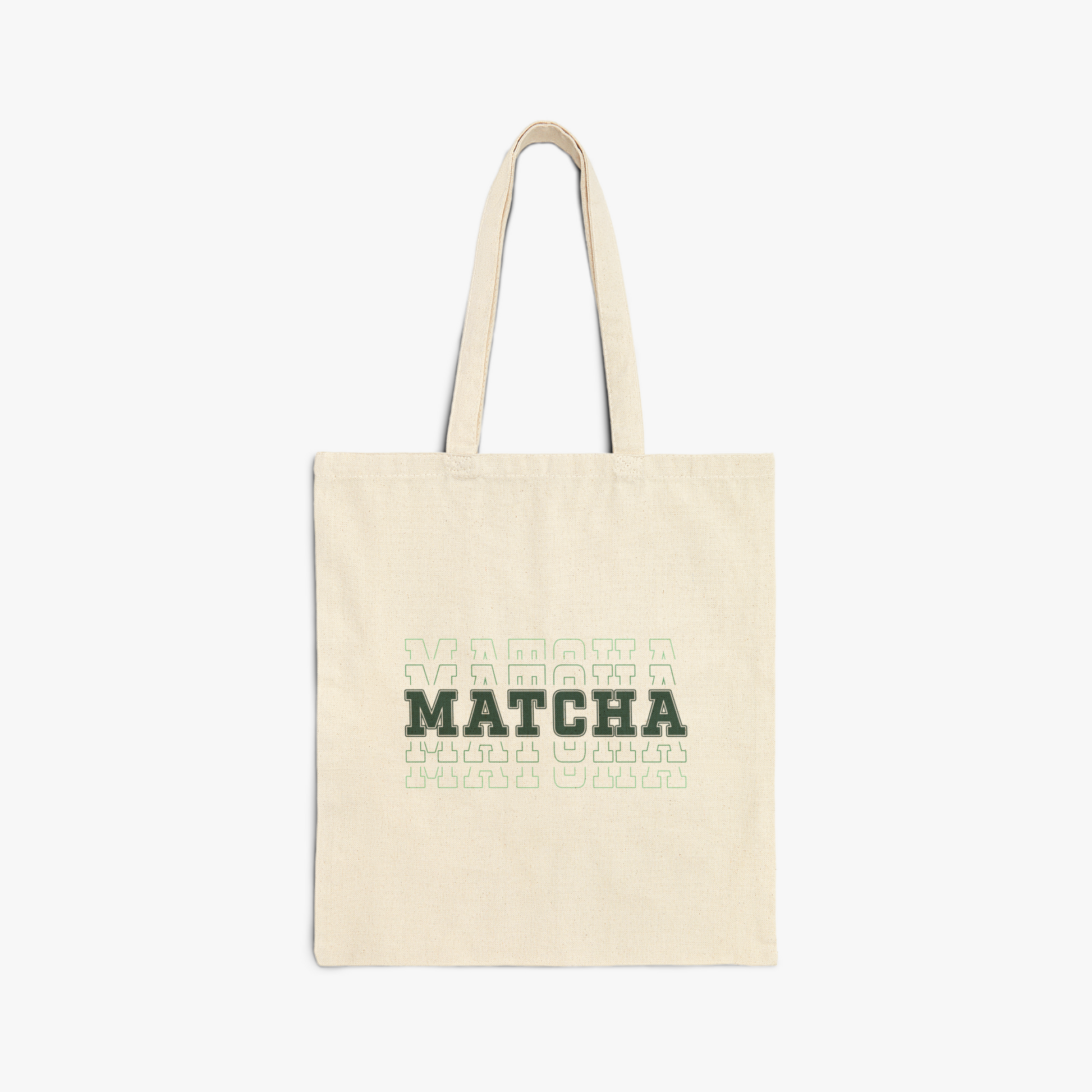 Tote bag with green "MATCHA" repeated graphic design 