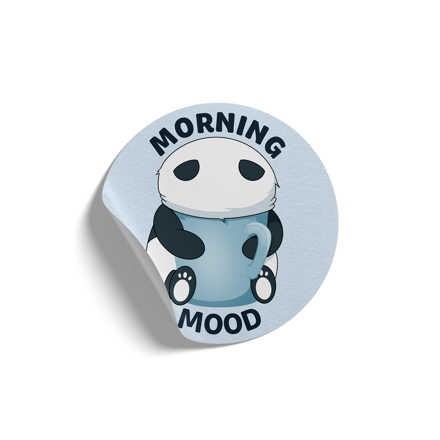 Round sticker of our cute panda with his face in a large mug with the phrase “Morning Mood”