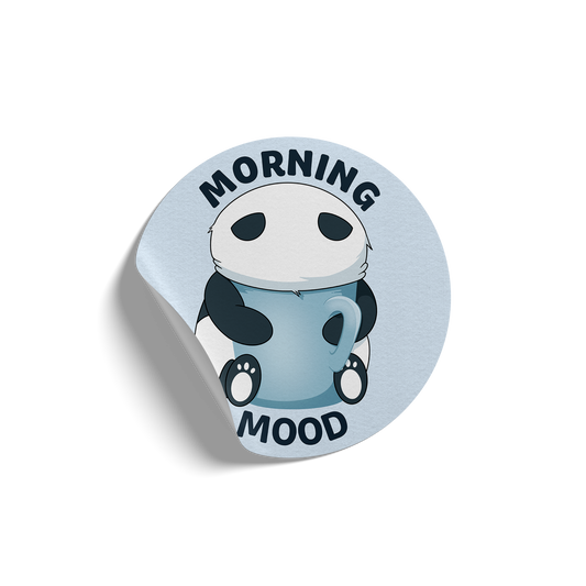 Round sticker of our cute panda with his face in a large mug with the phrase “Morning Mood”