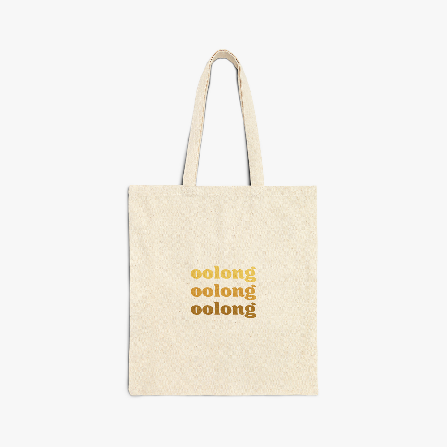 Tote bag with "oolong" repeated text in yellow/brown gradient