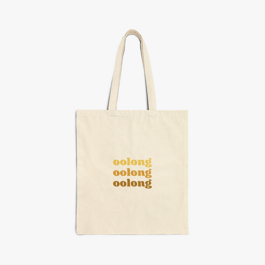 Tote bag with "oolong" repeated text in yellow/brown gradient
