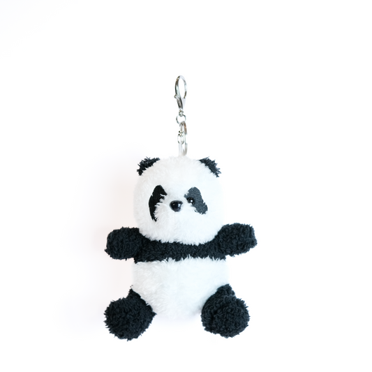 Front side view of panda plush keychain