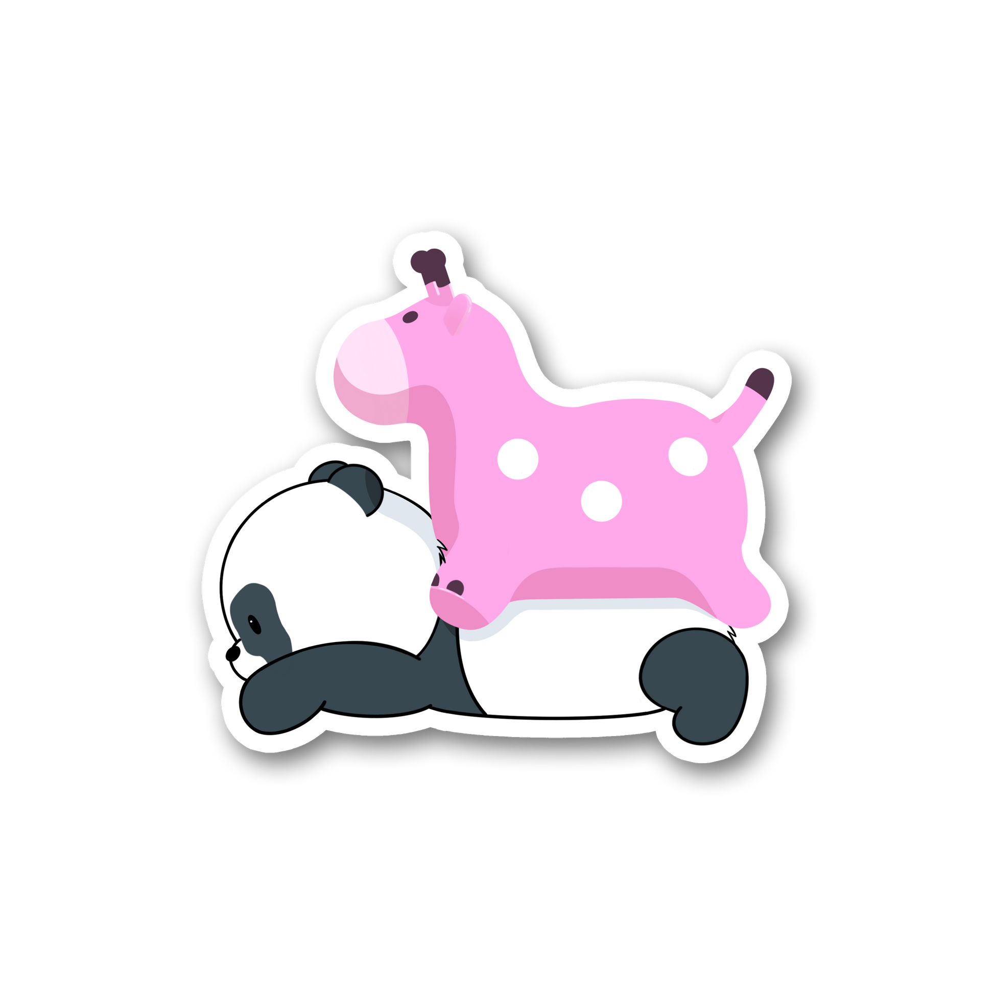 Sticker of our panda lying down with an inflatable pink giraffe on top of him