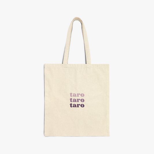 Tote bag with "taro" repeated text in purple gradient