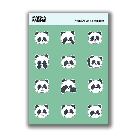 Sticker sheet of our panda's face showing 12 different moods