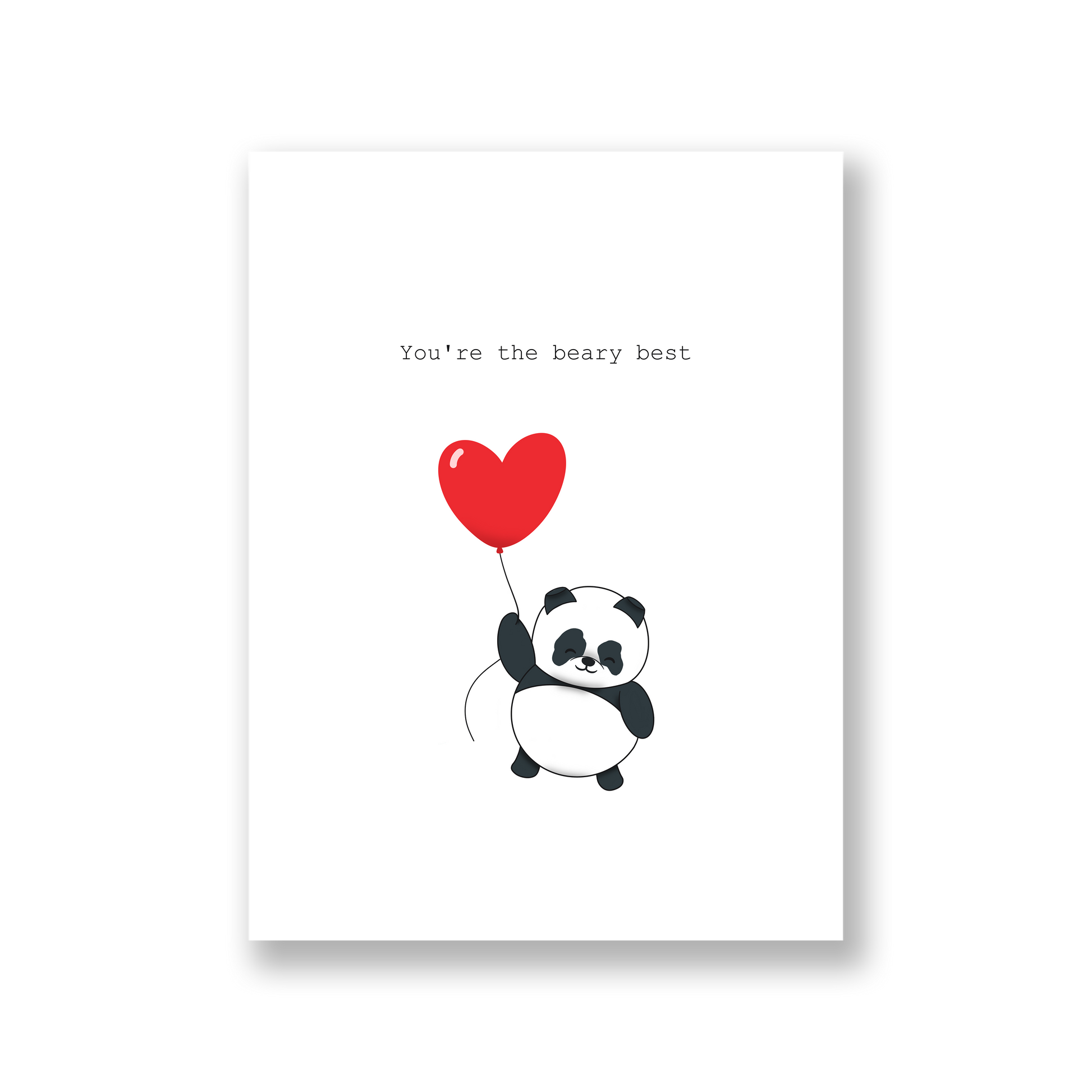 Card of our panda holding a red heart balloon with the text, "You're the beary best"