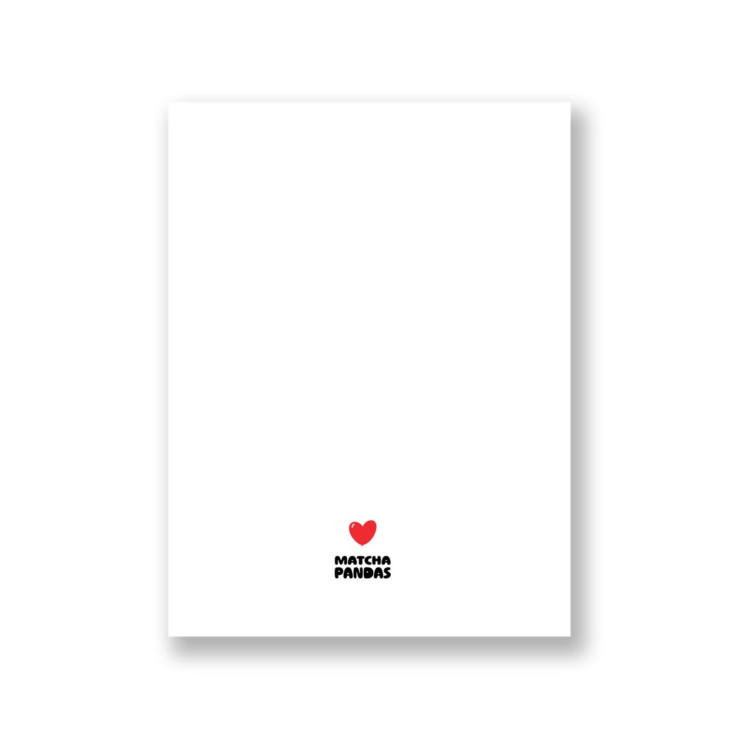 Back of card showing Matcha Pandas logo and small red heart balloon